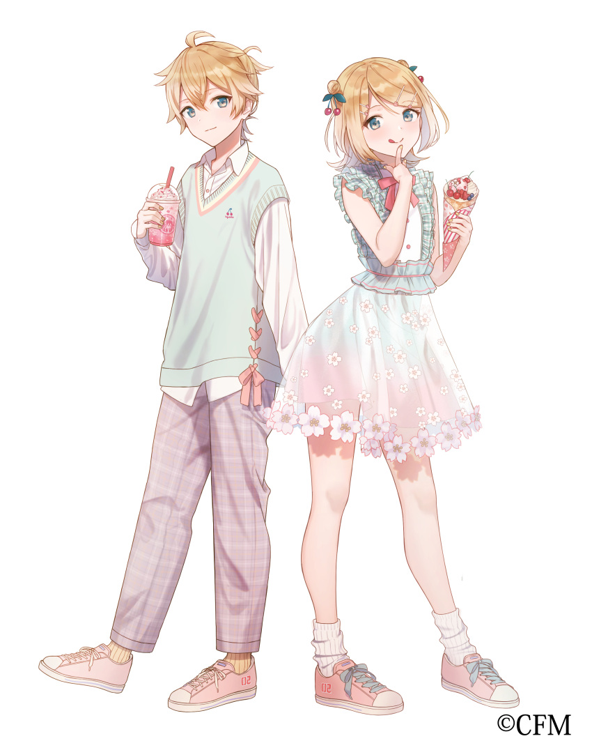 1boy, 1girl, :p, absurdres, alternate_costume, aqua_sweater, arm_at_side, blonde_hair, blue_eyes, blueberry, center_frills, cherry, cherry_blossom_print, cherry_blossoms, cherry_hair_ornament, closed_mouth, clothes_writing, collared_shirt, commentary_request, cream, crepe, cross-laced_clothes, crypton_future_media, dot_nose, double_bun, dress, dress_shirt, drink, drinking_straw, eyebrows_visible_through_hair, finger_to_mouth, fingernails, flat_chest, floral_print, flower, food, food_themed_hair_ornament, frilled_dress, frills, fruit, full_body, gradient, gradient_dress, grey_pants, hair_flower, hair_ornament, hairclip, hand_up, head_tilt, highres, holding, holding_food, ice_cream, jam_(zamuchi), kagamine_len, kagamine_rin, leaf_hair_ornament, light_smile, long_sleeves, looking_at_viewer, loose_socks, neck_ribbon, official_art, pants, pink_flower, pink_footwear, pink_neckwear, pink_ribbon, plaid, plaid_dress, plaid_pants, ribbon, see-through, see-through_dress, shiny, shiny_hair, shirt, shoes, short_dress, short_hair, side-by-side, simple_background, sleeveless, sleeveless_dress, smile, sneakers, socks, sprinkles, standing, strawberry, sweater, tareme, tongue, tongue_out, vocaloid, whipped_cream, white_background, white_legwear, white_shirt, yellow_legwear, yellow_nails