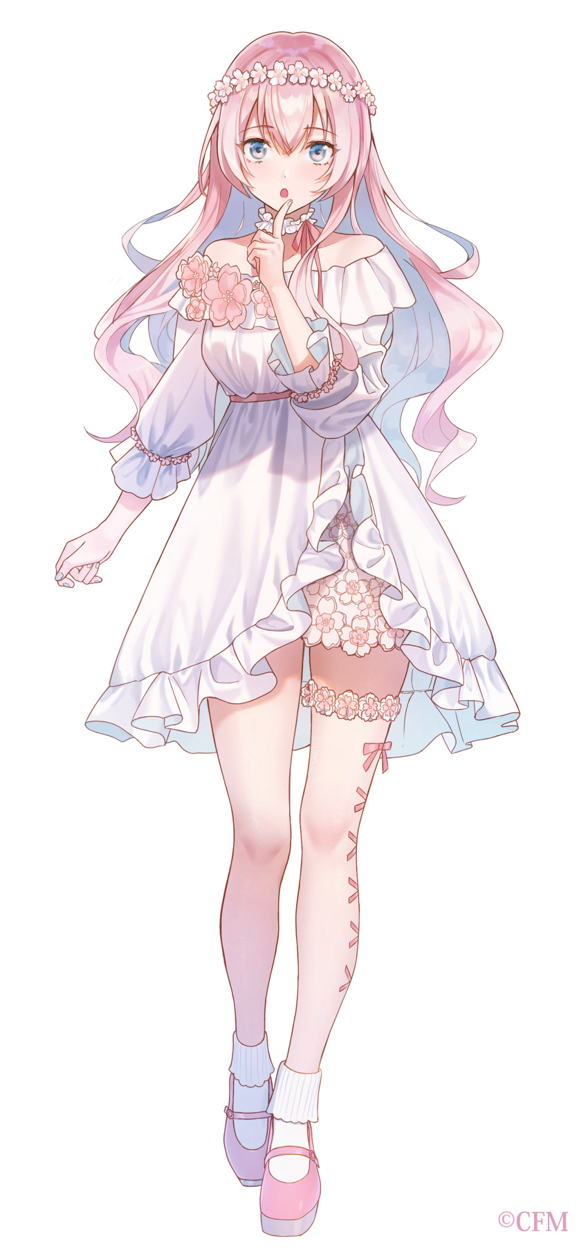 1girl, :o, absurdres, alternate_costume, aqua_nails, arm_at_side, bangs, bare_legs, bare_shoulders, blue_eyes, cherry_blossoms, collar, collarbone, commentary_request, cross-laced_clothes, cross-laced_legwear, crypton_future_media, curly_hair, dot_nose, dress, expressionless, eyebrows_visible_through_hair, eyelashes, finger_to_mouth, fingernails, floral_print, flower, frilled_collar, frilled_dress, frilled_sleeves, frills, full_body, glitter, hair_between_eyes, hand_up, head_wreath, highres, index_finger_raised, jam_(zamuchi), legs_together, long_hair, long_sleeves, looking_at_viewer, mary_janes, megurine_luka, neck_ribbon, off-shoulder_dress, off_shoulder, official_art, open_mouth, pink_flower, pink_footwear, pink_hair, pink_neckwear, pink_ribbon, platform_footwear, puffy_long_sleeves, puffy_sleeves, ribbon, see-through_legwear, shiny, shiny_hair, shoes, short_dress, side_slit, simple_background, socks, solo, standing, tareme, thigh_strap, vocaloid, white_background, white_dress, white_legwear