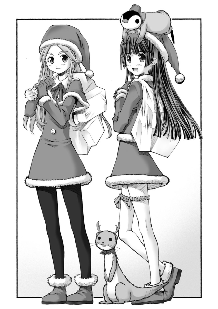 1girl, 2girls, animal_on_head, antlers, bird, blunt_ends, capelet, christmas, closed_mouth, collared_dress, commentary_request, dress, fake_antlers, fur-trimmed_capelet, fur-trimmed_footwear, fur_trim, garters, gloves, greyscale, hat, heel_up, highres, holding, holding_sack, kusano_kouichi, light_smile, long_hair, long_sleeves, looking_at_viewer, monochrome, multiple_girls, neck_ribbon, on_head, open_mouth, original, outside_border, over_shoulder, pantyhose, penguin, reindeer_antlers, ribbon, sack, santa_costume, santa_dress, santa_gloves, santa_hat, shoes, short_dress, smile, solo, standing, straight_hair, thigh-highs, weasel