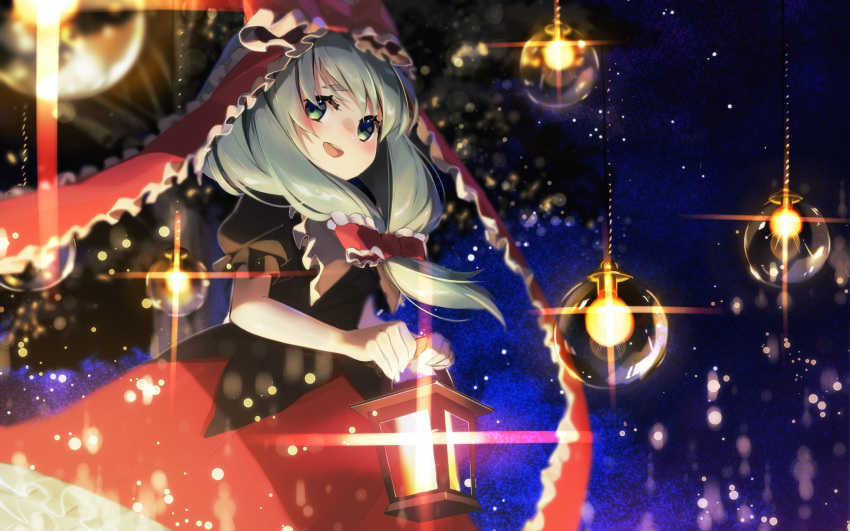 1girl, bangs, black_sky, blue_sky, blurry, blurry_foreground, bow, commentary