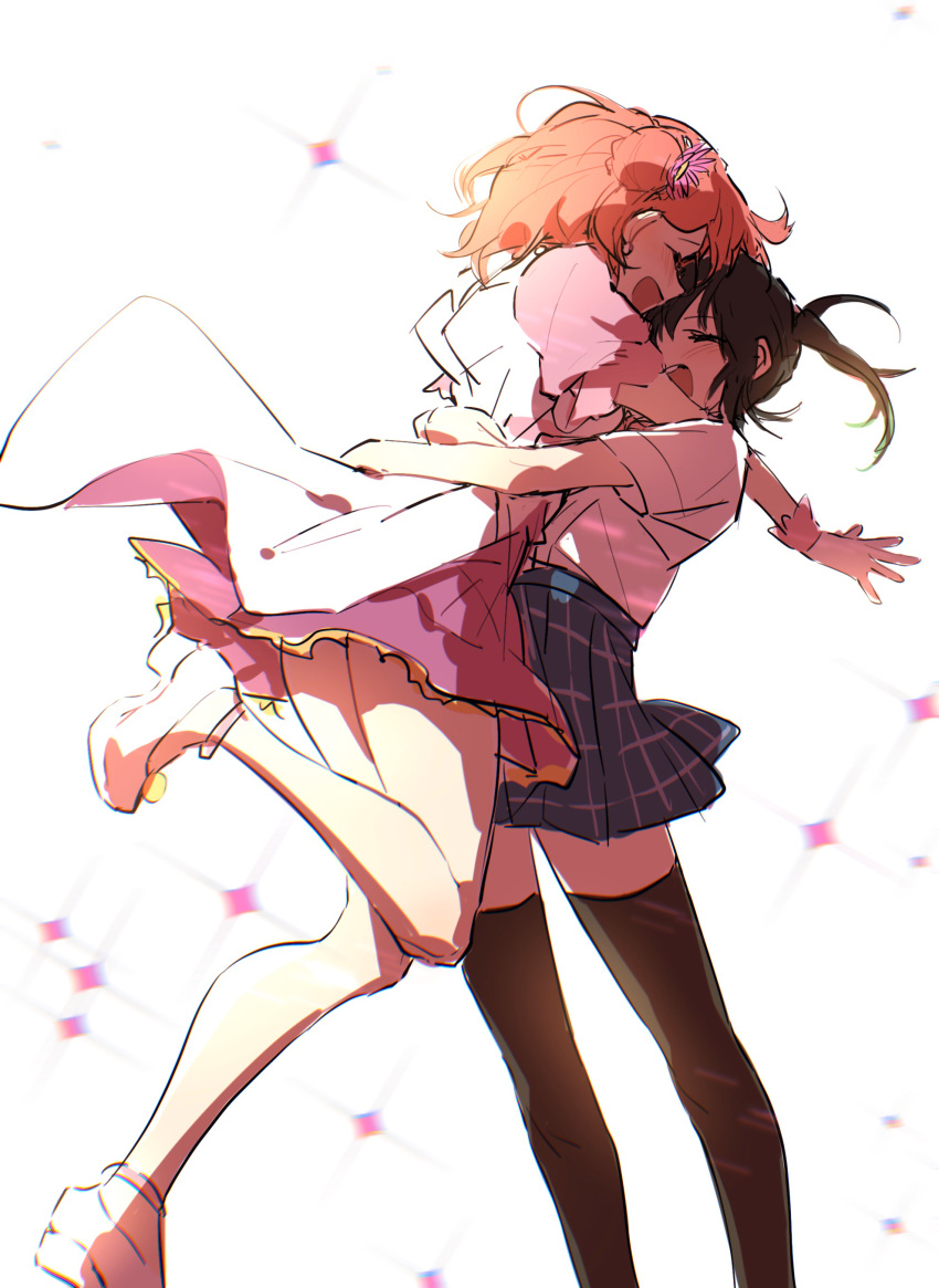2girls, absurdres, black_hair, black_legwear, blush, closed_eyes, commentary, cross_neko
