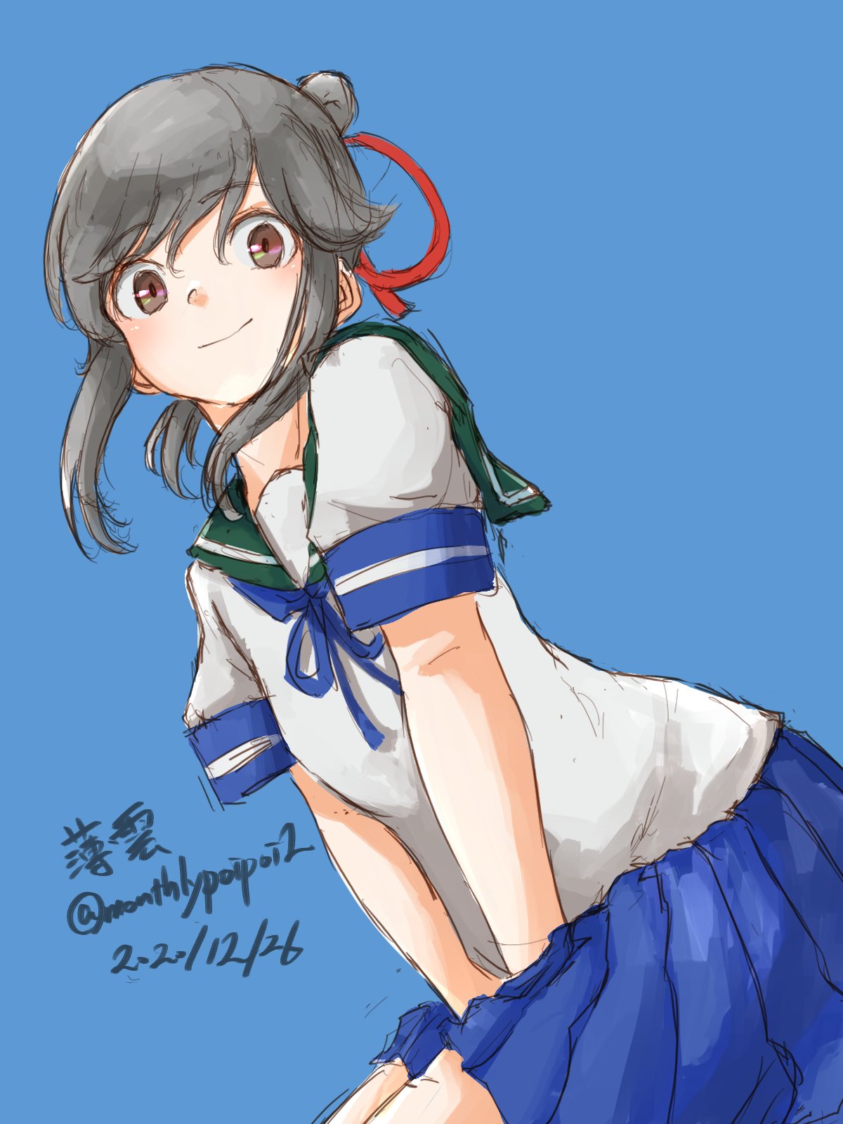 1girl, blue_background, blue_sailor_collar, blue_skirt, brown_eyes, character_name, commentary_request, dated, dutch_angle, grey_hair, highres, kantai_collection, long_hair, pleated_skirt, sailor_collar, simple_background, sitting, skirt, solo, twitter_username, umibudou, usugumo_(kantai_collection), v_arms