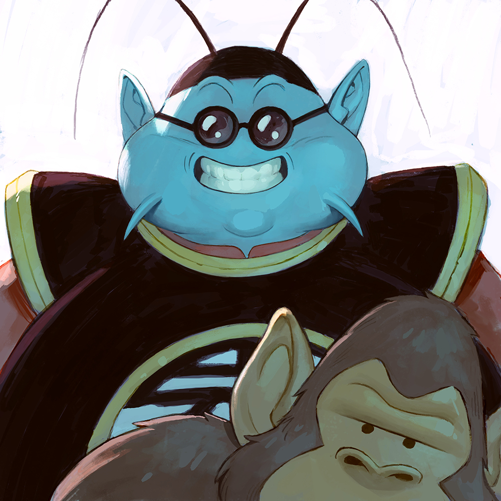 1boy, antennae, blue_skin, brown_fur, bubbles_(dragon_ball), colored_skin, dragon_ball, dragon_ball_z