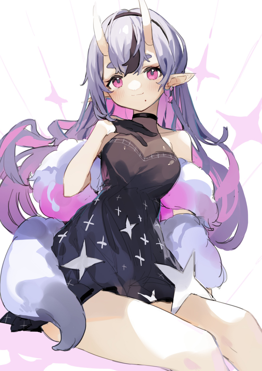 1girl, absurdres, black_dress, black_gloves, breasts, colored_inner_hair, dress, drop_earrings, earrings, feather_boa, glove_garter, gloves, grey_hair, hairband, hand_on_own_chest, highres, horns, jewelry, light_smile, long_hair, looking_at_viewer, medium_breasts, mole, mole_under_mouth, multicolored_hair, nijisanji, oni, oni_horns, pink_eyes, pink_hair, pointy_ears, rindou_mikoto, sh_(562835932), single_earring, sitting, solo, sparkle_background, thighs, two-tone_hair, very_long_hair, white_background