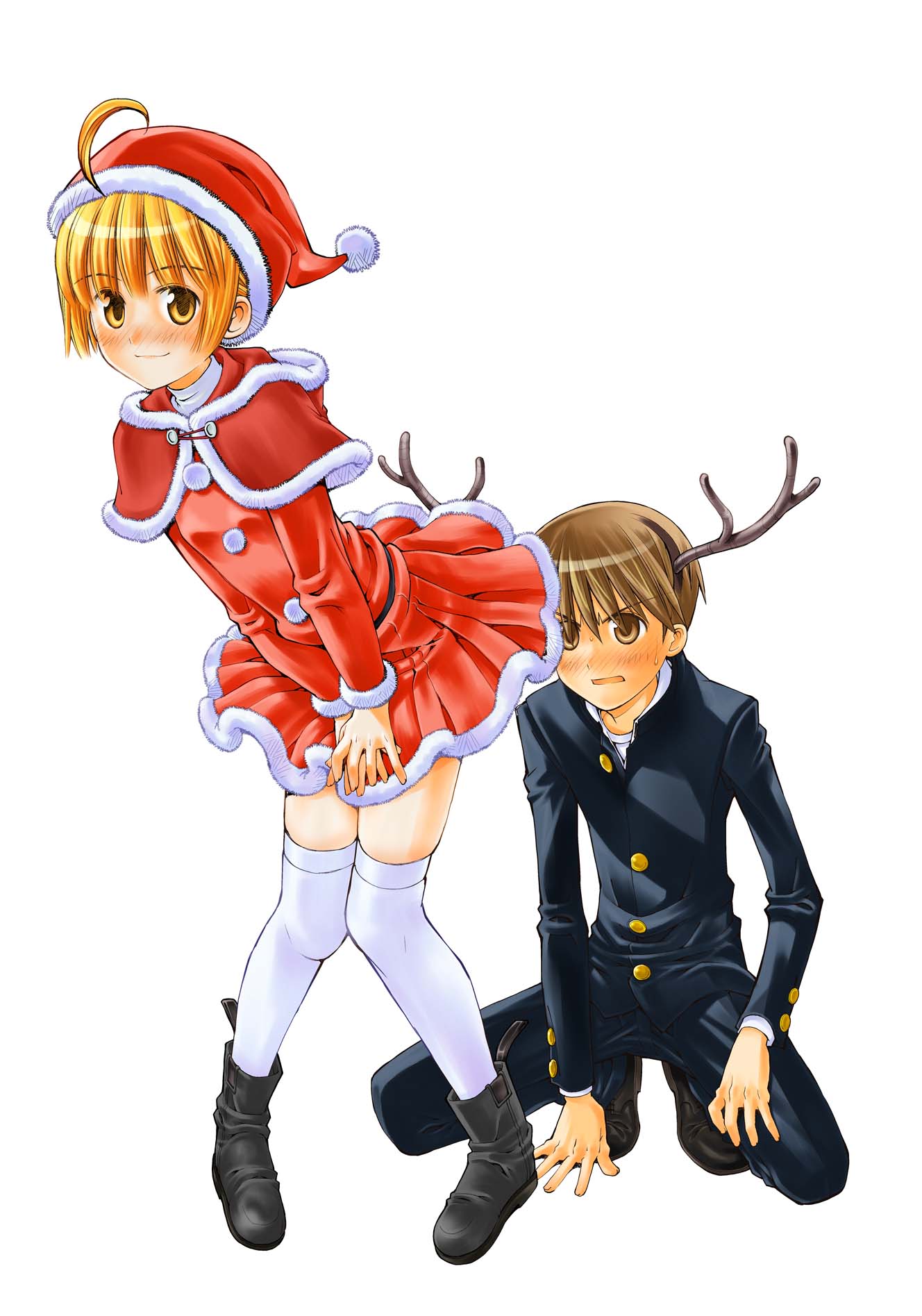 1boy, 1girl, ahoge, antlers, black_footwear, black_jacket, black_pants, blonde_hair, boots, brother_and_sister, brown_eyes, brown_hair, capelet, christmas, closed_mouth, commentary, dress, dress_tug, eyebrows_visible_through_hair, fake_antlers, frown, fur-trimmed_capelet, fur_trim, gakuran, hat, highres, implied_pantyshot, jacket, kusano_kouichi, leaning_forward, long_sleeves, looking_at_viewer, oniichan_no_koto_nanka_zenzen_suki_janain_dakara_ne!!, open_mouth, pants, red_capelet, red_headwear, reindeer_antlers, santa_costume, santa_dress, santa_hat, school_uniform, shoes, short_hair, siblings, simple_background, smile, squatting, standing, sweatdrop, takanashi_nao, takanashi_shuusuke, thigh-highs, white_background, white_legwear, wind, wind_lift, yellow_eyes