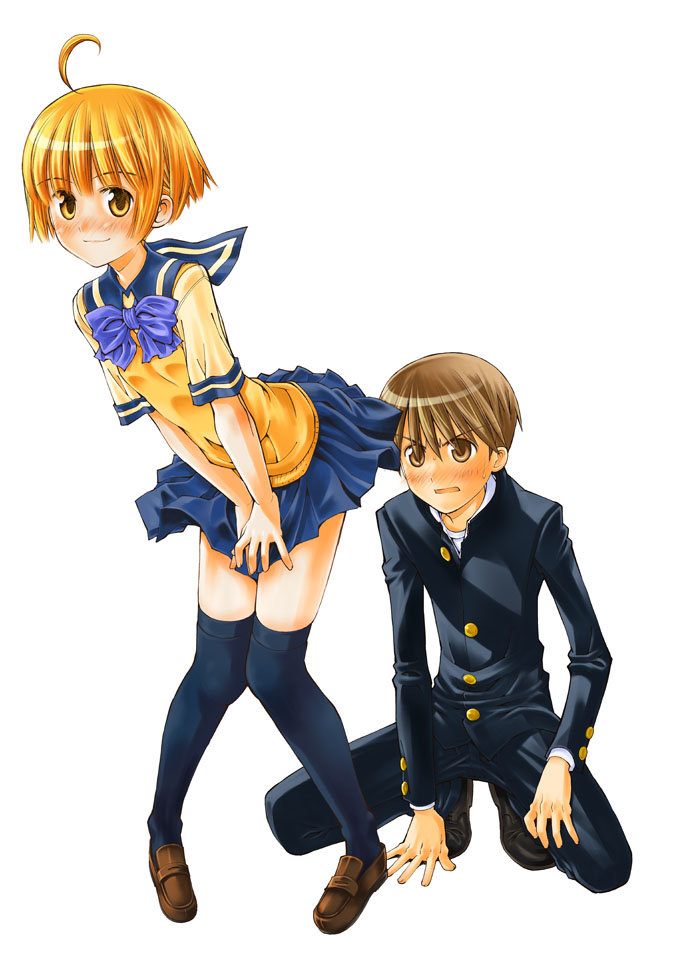 1boy, 1girl, ahoge, black_footwear, black_jacket, black_legwear, black_pants, blonde_hair, blouse, blue_bow, blue_neckwear, blue_skirt, bow, bowtie, brother_and_sister, brown_eyes, brown_footwear, brown_hair, closed_mouth, commentary_request, eyebrows_visible_through_hair, frown, gakuran, implied_pantyshot, jacket, kusano_kouichi, leaning_forward, looking_at_viewer, miniskirt, oniichan_no_koto_nanka_zenzen_suki_janain_dakara_ne!!, open_mouth, pants, partial_commentary, pleated_skirt, school_uniform, serafuku, shoes, short_hair, short_sleeves, siblings, simple_background, skirt, smile, squatting, standing, sweatdrop, takanashi_nao, takanashi_shuusuke, thigh-highs, white_background, wind, wind_lift, yellow_blouse, yellow_eyes