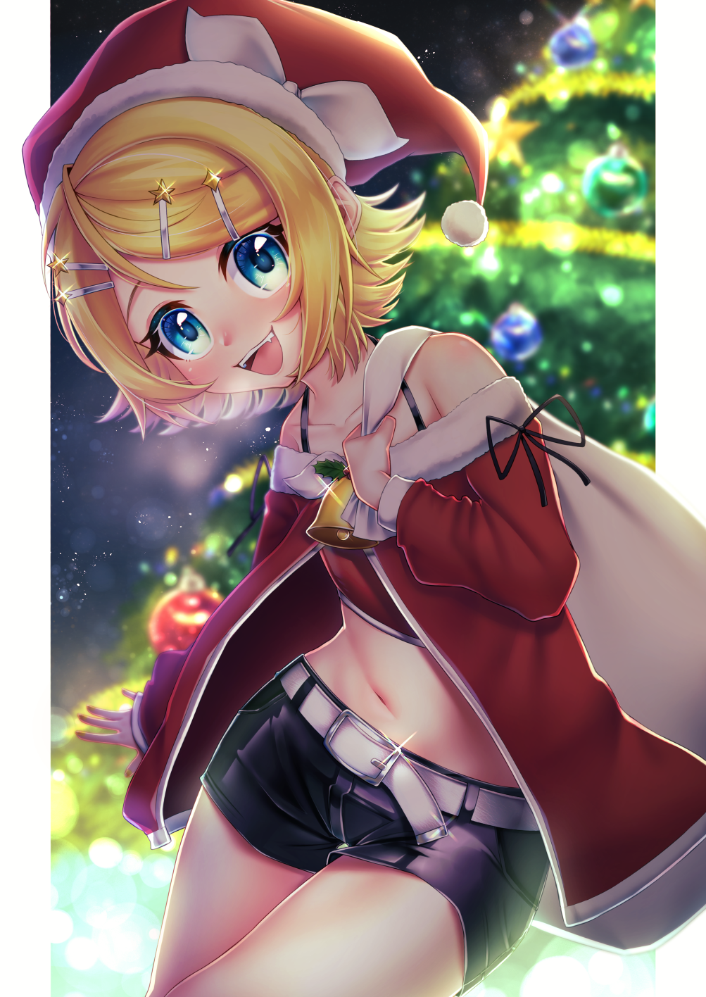 1girl, ataraii_moyasi, bangs, belt, black_shorts, blonde_hair, blue_eyes, blurry, blurry_background, bow, christmas, christmas_ornaments, christmas_tree, collarbone, commentary, cowboy_shot, crop_top, fang, fur-trimmed_headwear, fur-trimmed_jacket, fur_trim, garland_(decoration), hair_bow, hair_ornament, hairclip, hat, highres, holding, holding_sack, holly, jacket, kagamine_rin, midriff, navel, neck_bell, night, night_sky, off-shoulder_jacket, open_mouth, red_headwear, red_jacket, red_shirt, sack, santa_costume, santa_hat, shirt, short_hair, short_shorts, shorts, sky, smile, solo, star_(symbol), star_hair_ornament, swept_bangs, vocaloid, white_bow