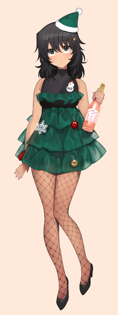 1girl, alternate_costume, andou_(girls_und_panzer), bangs, beige_background, black_eyes, black_footwear, black_hair, black_shirt, bottle, champagne_bottle, christmas, christmas_ornaments, dark_skin, fishnet_legwear, fishnets, full_body, girls_und_panzer, green_background, green_headwear, hair_ornament, hat, high-waist_skirt, high_heels, highres, holding, holding_bottle, layered_skirt, looking_at_viewer, medium_hair, messy_hair, miniskirt, pantyhose, santa_hat, shirt, simple_background, skirt, sleeveless, sleeveless_shirt, snowflake_ornament, solo, standing, star_(symbol), star_hair_ornament, tan3charge, tilted_headwear
