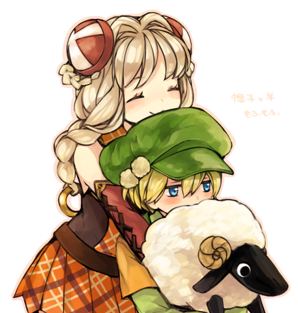 animal, bare_shoulders, blonde_hair, blush, braid, closed_eyes, farmer_(sekaiju), green_headwear