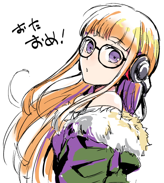 1girl, fujishiro_kei, fur-trimmed_jacket, fur_trim, headphones, jacket, long_hair, orange_hair, persona, persona_5, sakura_futaba, sketch, solo, upper_body, violet_eyes, white_background