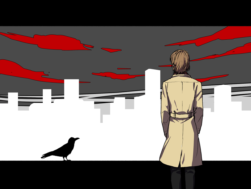 1boy, akechi_gorou, bird, brown_hair, city, crow, from_behind, fujishiro_kei