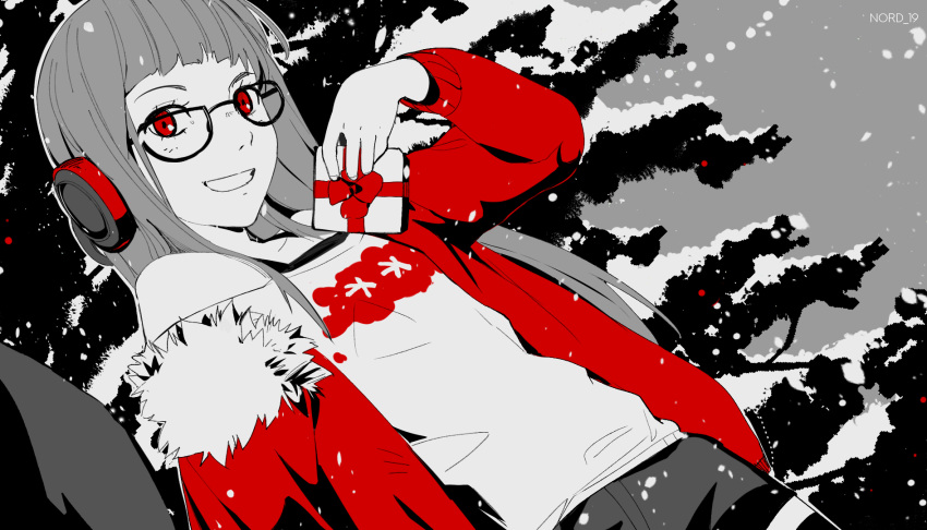 1girl, arcsinus, dutch_angle, fur-trimmed_jacket, fur_trim, gift, glasses, headphones