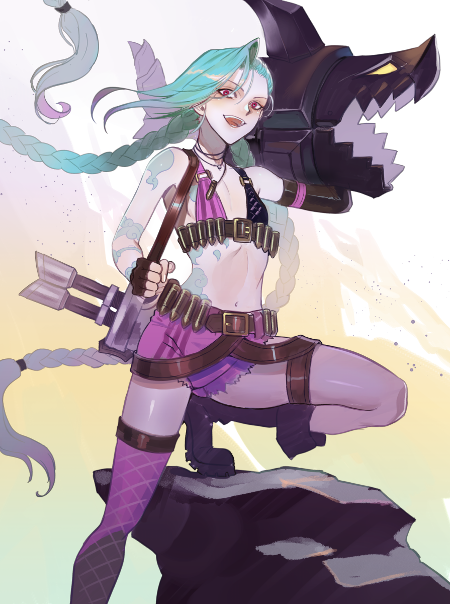 1girl, aqua_hair, arm_tattoo, bare_shoulders, belt, black_gloves, boots, brown_belt