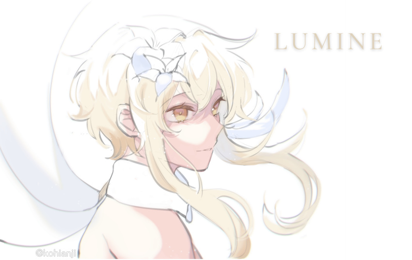 1girl, bare_shoulders, blonde_hair, character_name, flower, genshin_impact, hair_flower, hair_ornament, highres, kohianji, lumine_(genshin_impact), medium_hair, orange_eyes, parted_lips, simple_background, smile, solo, upper_body, white_background, white_flower