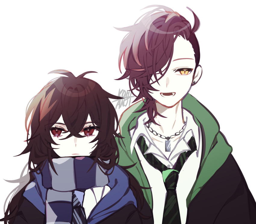 1boy, 1girl, antenna_hair, blue_neckwear, brown_hair, chain, chain_necklace, closed_mouth