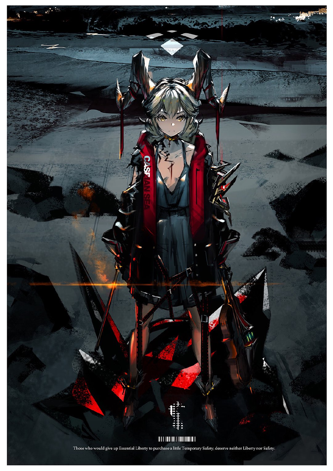 1girl, arknights, bangs, black_jacket, blonde_hair, breasts, collarbone, dark_background