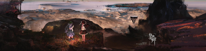 2girls, backpack, bag, bare_legs, barefoot, black_hair, black_skirt, black_wings