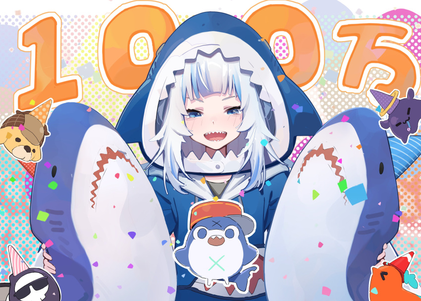 1girl, absurdres, animal_hood, bloop_(gawr_gura), blue_eyes, blue_hair, blue_hoodie, blush