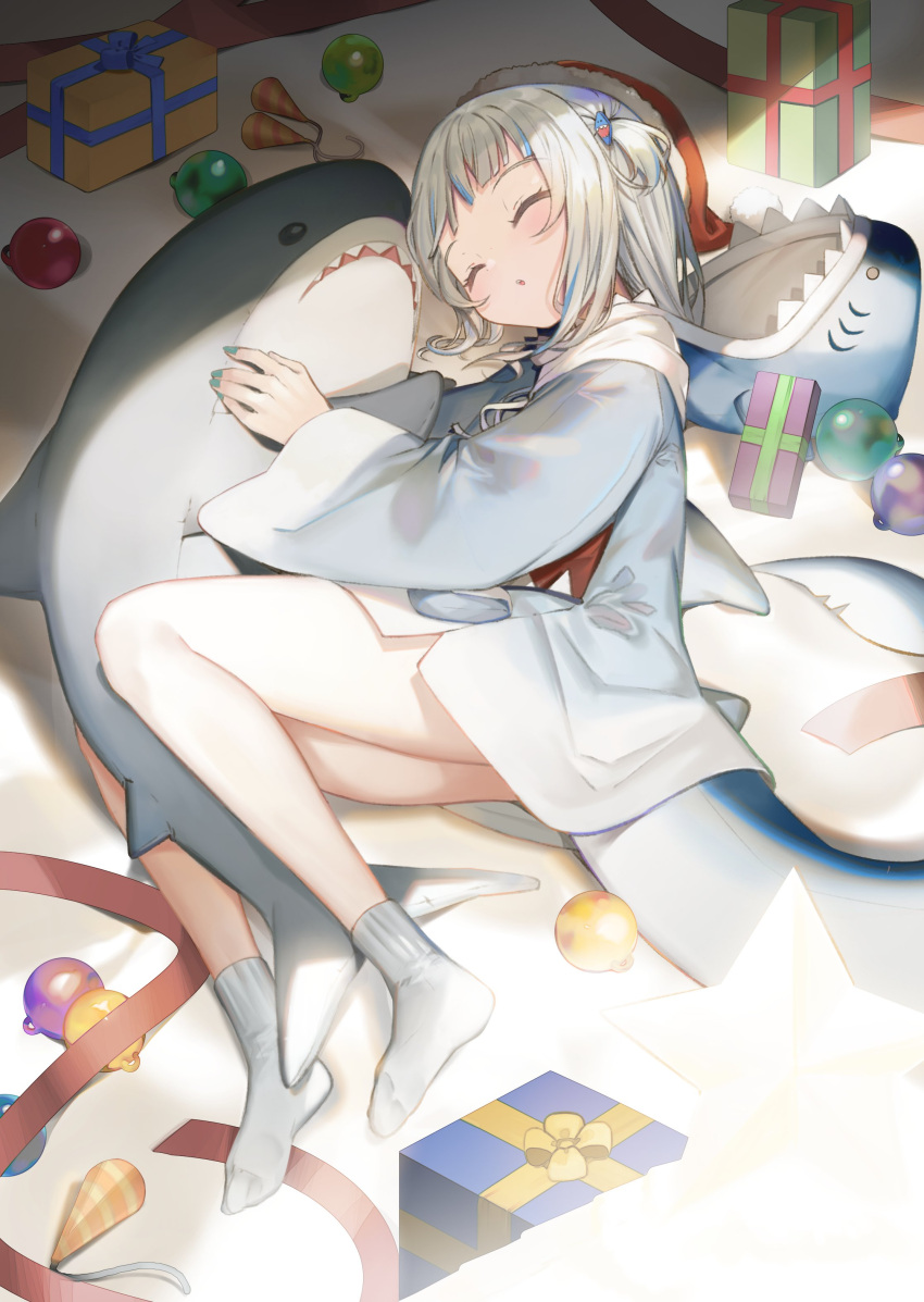 1girl, :o, absurdres, animal_hood, blue_hair, blue_jacket, blue_nails, box