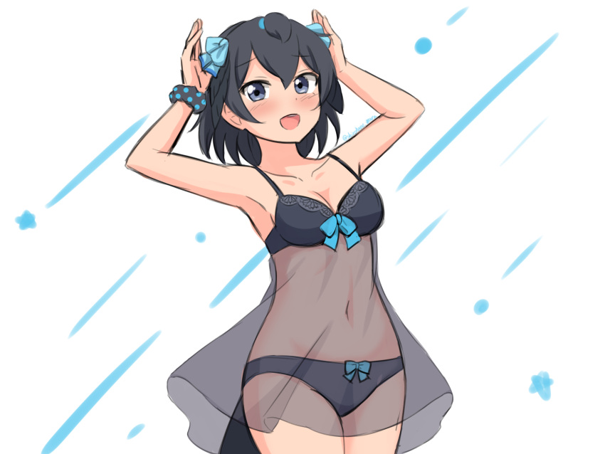 1girl, :d, absurdres, armpits, arms_up, babydoll, bangs, bare_shoulders, black_babydoll, black_hair, black_panties, blue_bow, blue_eyes, bow, bow_panties, breasts, collarbone, cowboy_shot, eyebrows_visible_through_hair, greater_lophorina_(kemono_friends), hair_between_eyes, hair_bow, highres, kemono_friends, lingerie, looking_at_viewer, medium_breasts, navel, open_mouth, panties, scrunchie, see-through, shiraha_maru, short_hair, simple_background, smile, solo, tail, twitter_username, underwear, white_background, wrist_scrunchie