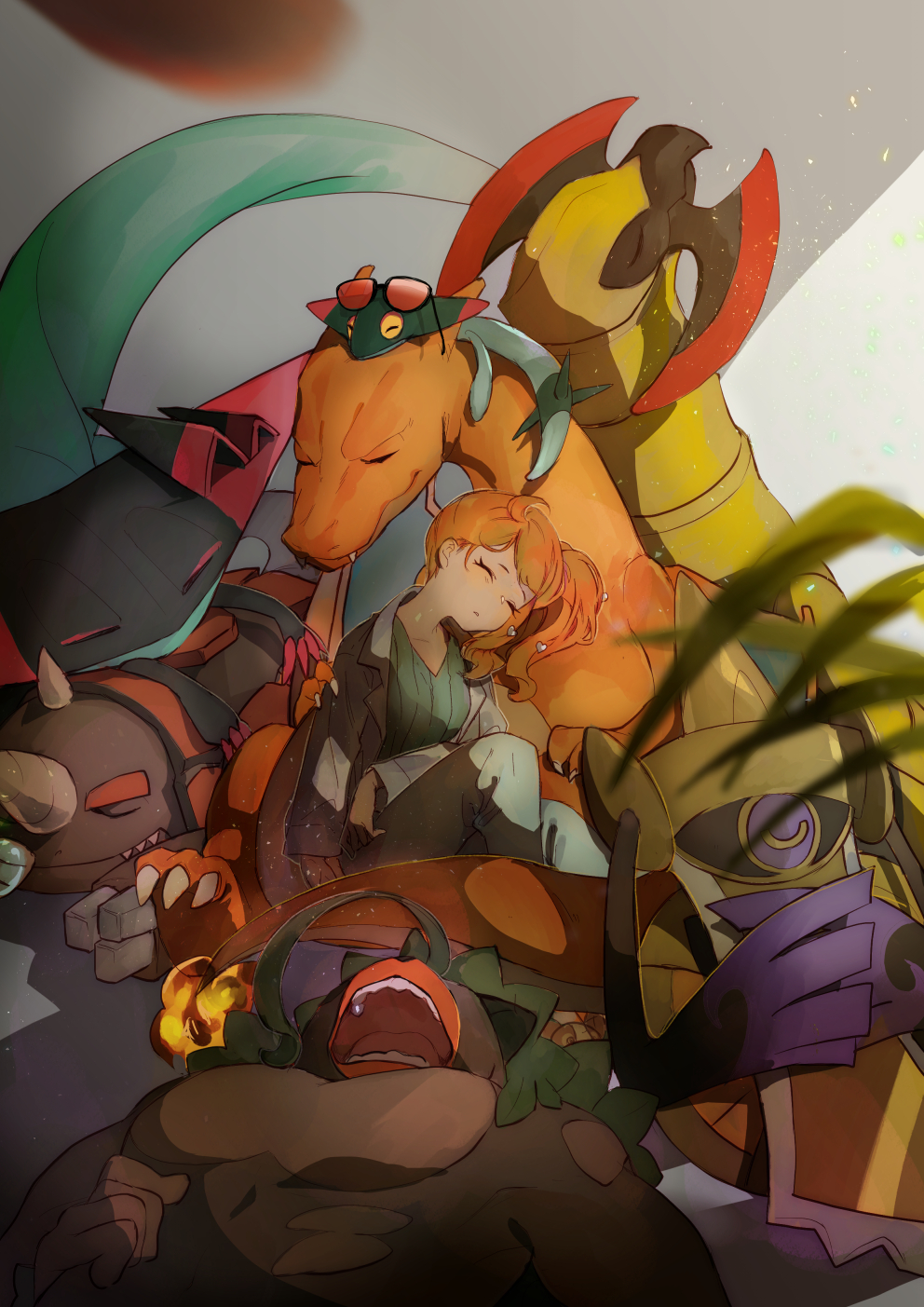 1girl, aegislash, blurry, charizard, closed_eyes, closed_mouth, coat, commentary_request