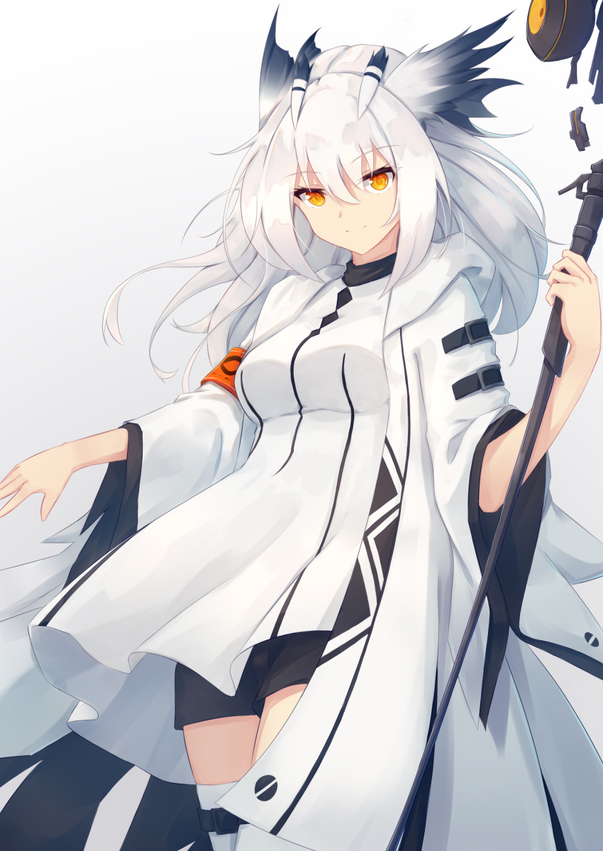 1girl, arknights, armband, black_shorts, commentary, cowboy_shot, dress, eyebrows_visible_through_hair