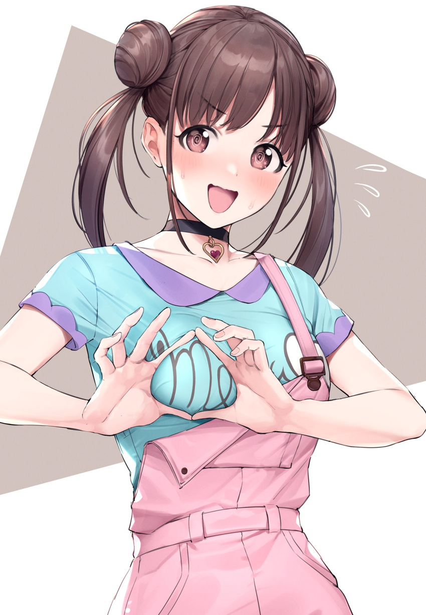 1girl, bangs, blush, brown_hair, choker, double_bun, hands_on_own_chest, highres