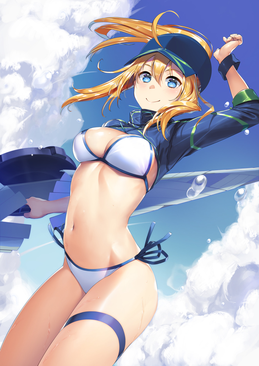 1girl, ahoge, artoria_pendragon_(all), baseball_cap, bikini, blonde_hair, blue_eyes, blue_headwear