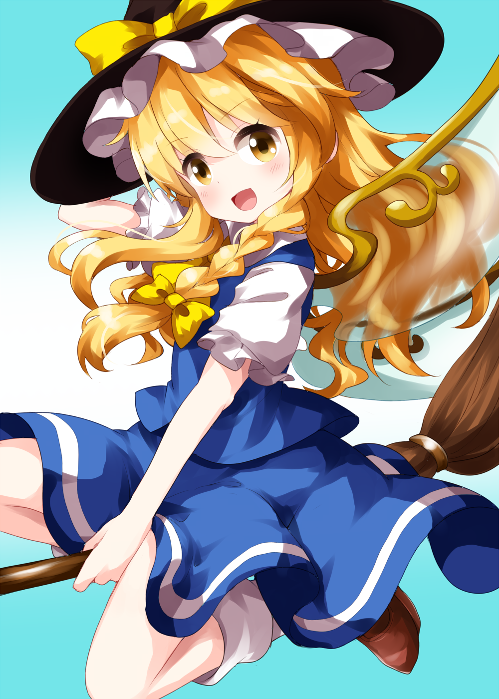 1girl, bangs, black_headwear, blonde_hair, blue_background, blue_skirt, blue_vest, bow
