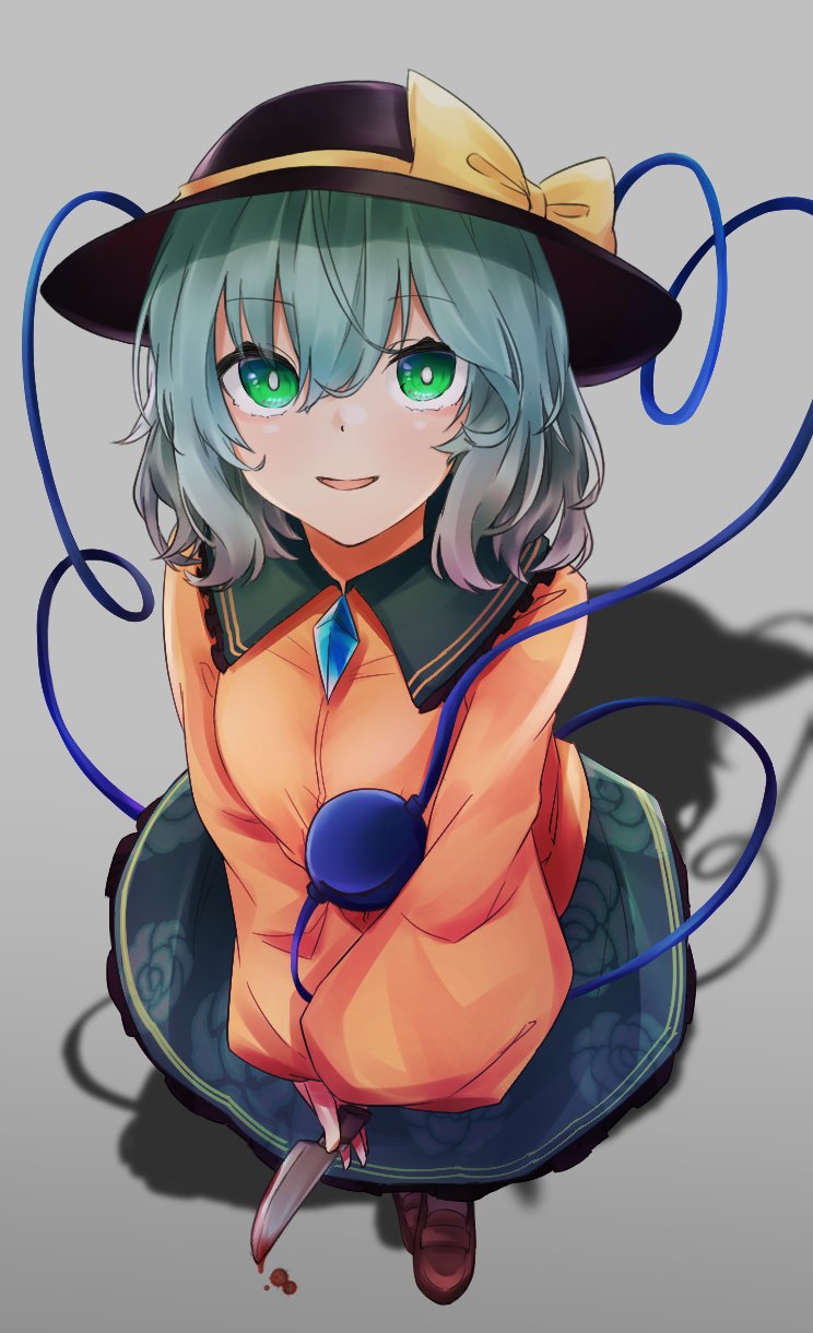 1girl, black_headwear, blood, bloody_knife, blouse, bow, breasts, bright_pupils