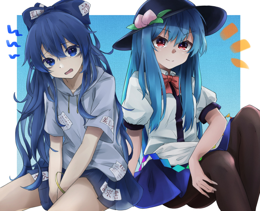 2girls, ass, bangle, black_headwear, black_legwear, blue_eyes, blue_hair, blue_skirt, bow, bowtie, bracelet, breasts, debt, eyebrows_visible_through_hair, feet_out_of_frame, food, fruit, grey_shirt, gunsou1350, hair_between_eyes, hair_bow, hat, head_tilt, hinanawi_tenshi, jewelry, knees_up, long_hair, looking_at_viewer, multiple_girls, notice_lines, open_mouth, pantyhose, peach, pleated_skirt, puffy_short_sleeves, puffy_sleeves, red_bow, red_eyes, red_neckwear, see-through_skirt, shirt, short_sleeves, sitting, skirt, small_breasts, touhou, v-shaped_eyebrows, v_arms, very_long_hair, white_shirt, yorigami_shion