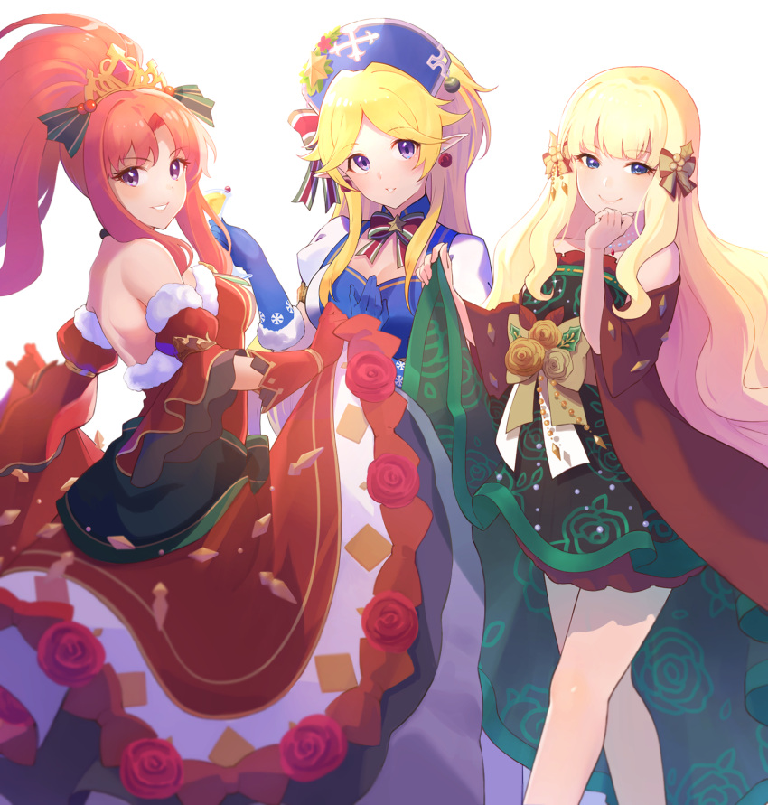3girls, akino_(princess_connect!), bangs, bare_shoulders, blonde_hair, blue_dress, blue_eyes, blue_gloves