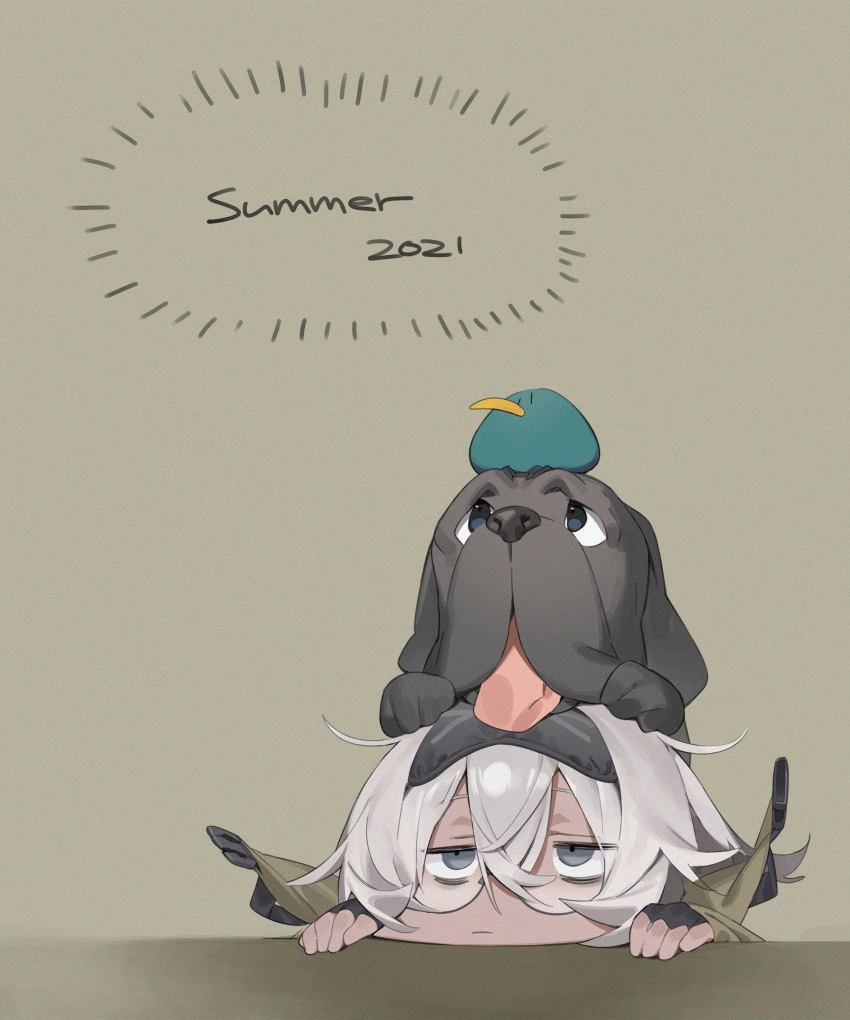 1girl, absurdres, alchemy_stars, amrkdrw, bird, dark_skin, dog, fingerless_gloves