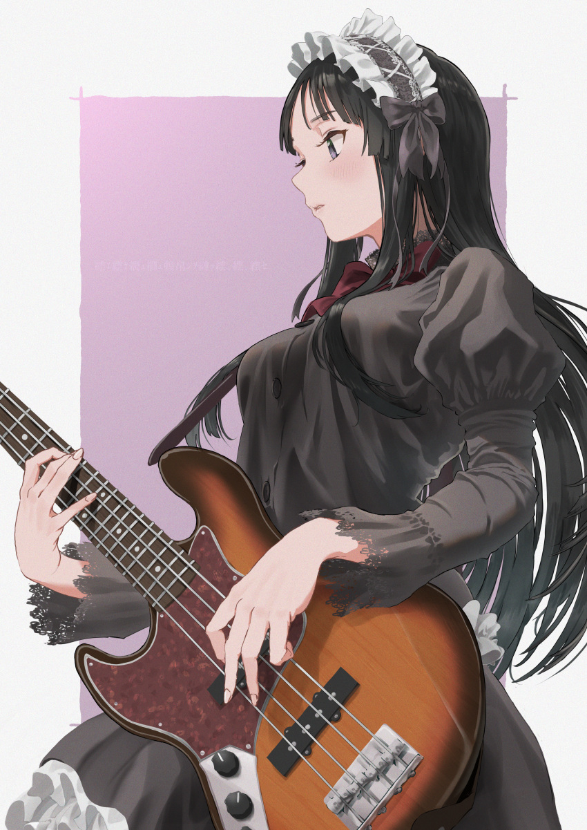 1girl, absurdres, akiyama_mio, background_text, bangs, bass_guitar, black_bow, black_dress