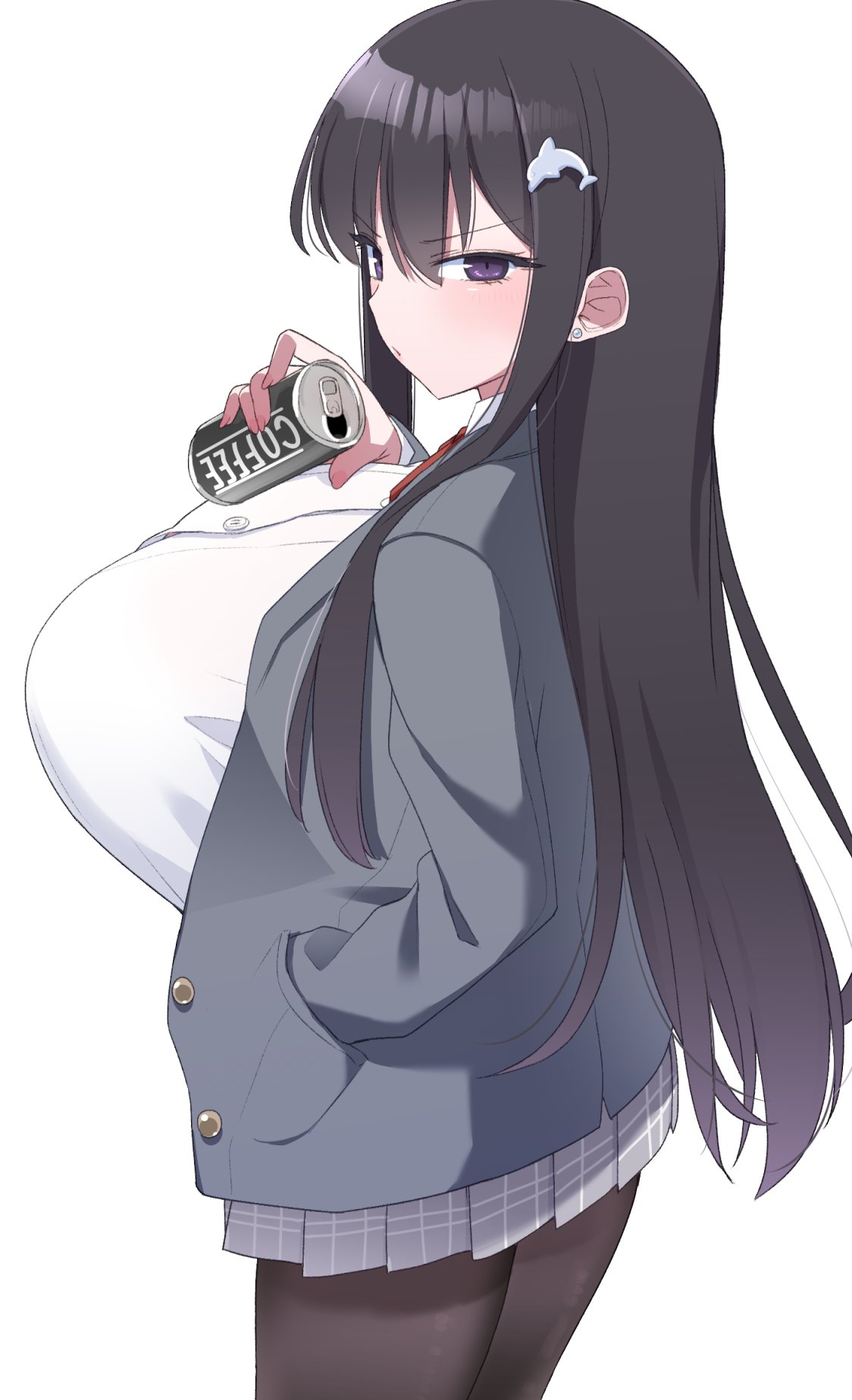 1girl, akitokage01, animal_hair_ornament, bangs, black_hair, black_legwear, blazer, blush, breasts, can, canned_coffee, cowboy_shot, earrings, eyebrows_visible_through_hair, eyes_visible_through_hair, from_behind, grey_skirt, hair_ornament, hairclip, hand_in_pocket, highres, holding, holding_can, huge_breasts, jacket, jewelry, long_hair, looking_at_viewer, looking_back, necktie, open_can, original, pantyhose, parted_lips, plaid, plaid_skirt, pleated_skirt, red_neckwear, school_uniform, sidelocks, simple_background, skirt, solo, very_long_hair, violet_eyes, white_background
