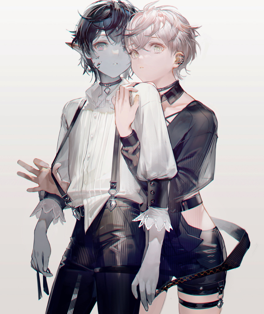 2boys, arknights, bangs, black_choker, black_hair, black_pants, black_shirt, black_shorts