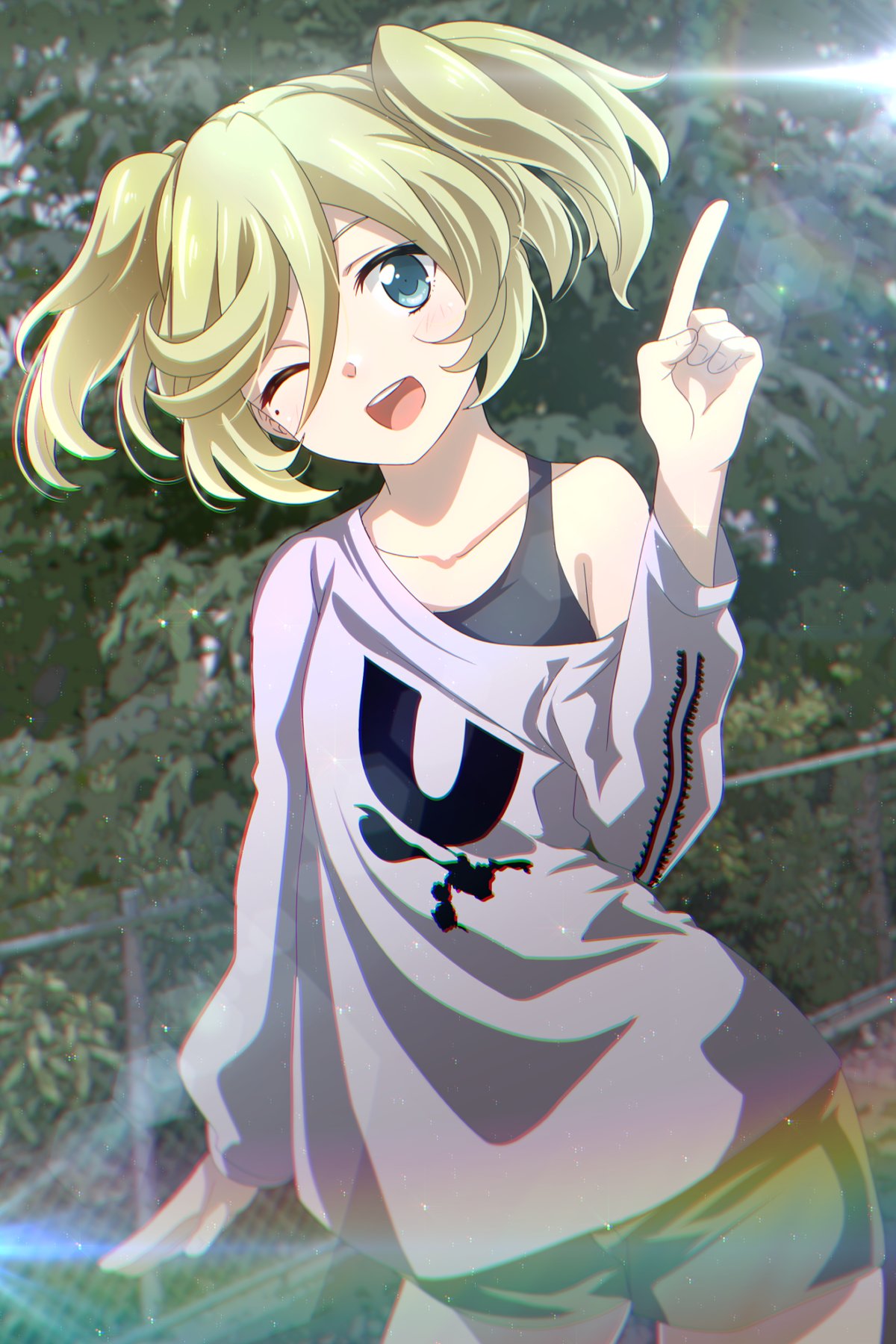 1girl, alternate_hairstyle, black_shirt, blonde_hair, blue_eyes, blush, breasts, brown_shorts