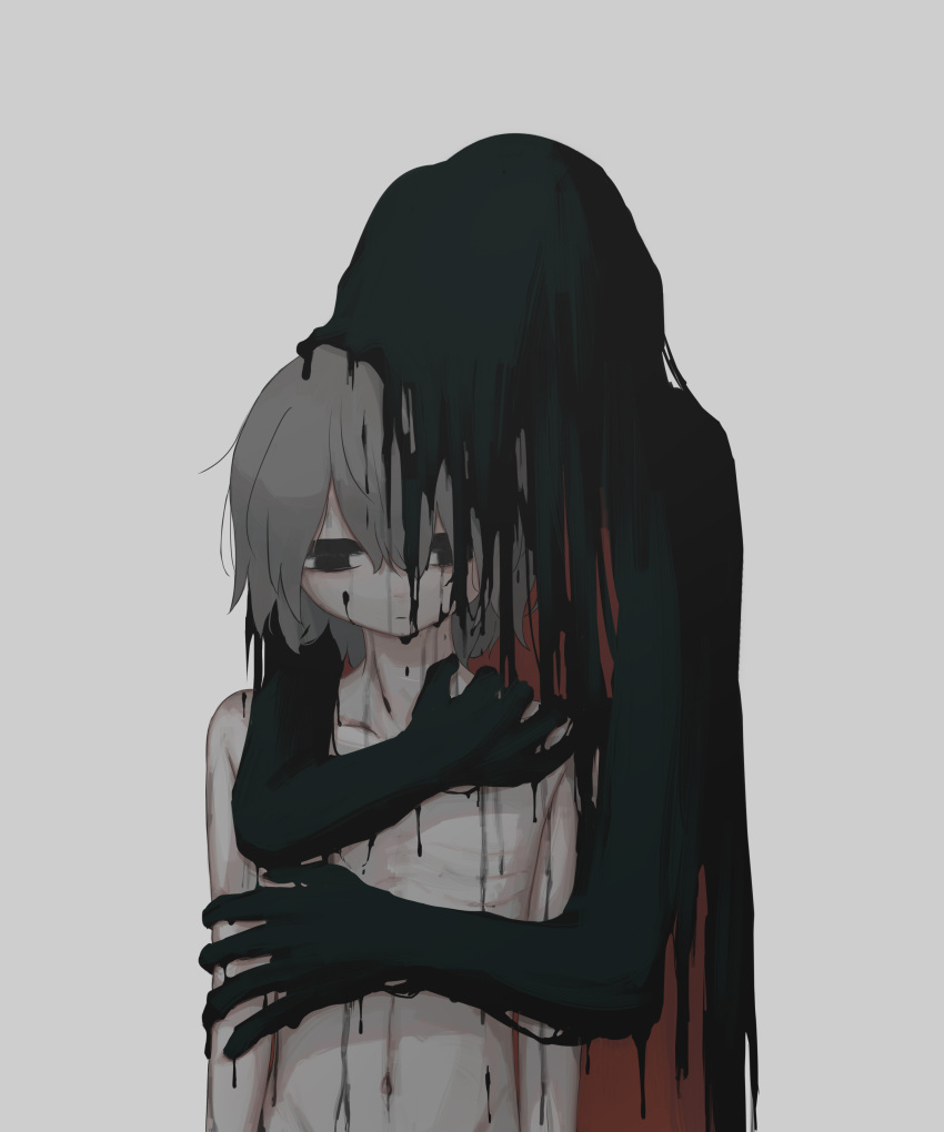 1boy, absurdres, anorexic, avogado6, black_eyes, closed_mouth, commentary_request, completely_nude, grey_background, grey_hair, highres, hug, hug_from_behind, navel, nude, original, pale_skin, ribs, simple_background