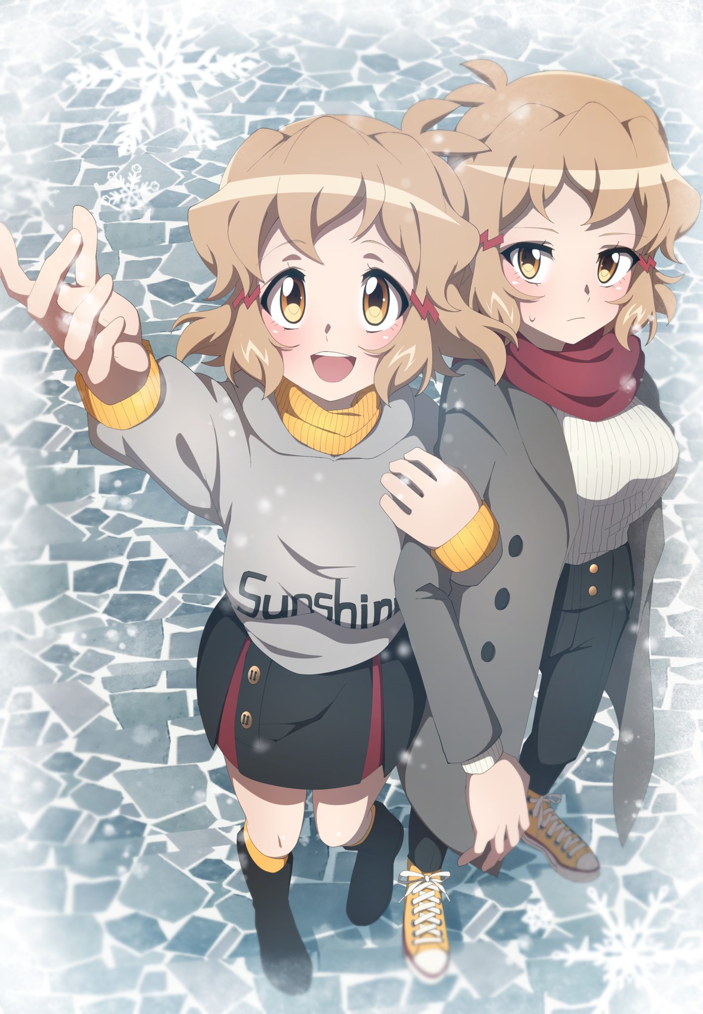 2girls, black_pants, blonde_hair, blush, breasts, brown_eyes, closed_mouth, coat