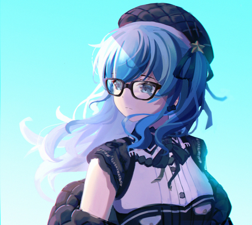 1girl, beret, black-framed_eyewear, black_headwear, black_jacket, black_ribbon, blue_background, blue_eyes
