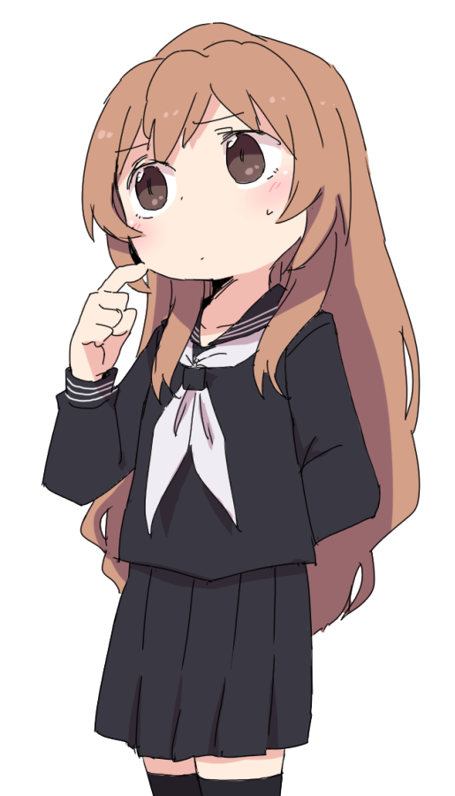 1girl, aisaka_taiga, arm_behind_back, black_legwear, black_serafuku, black_skirt, brown_eyes, brown_hair