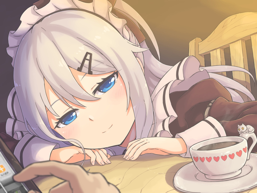 1girl, 9a-91_(girls_frontline), bangs, blue_eyes, cat, cup, eyebrows_visible_through_hair, frills