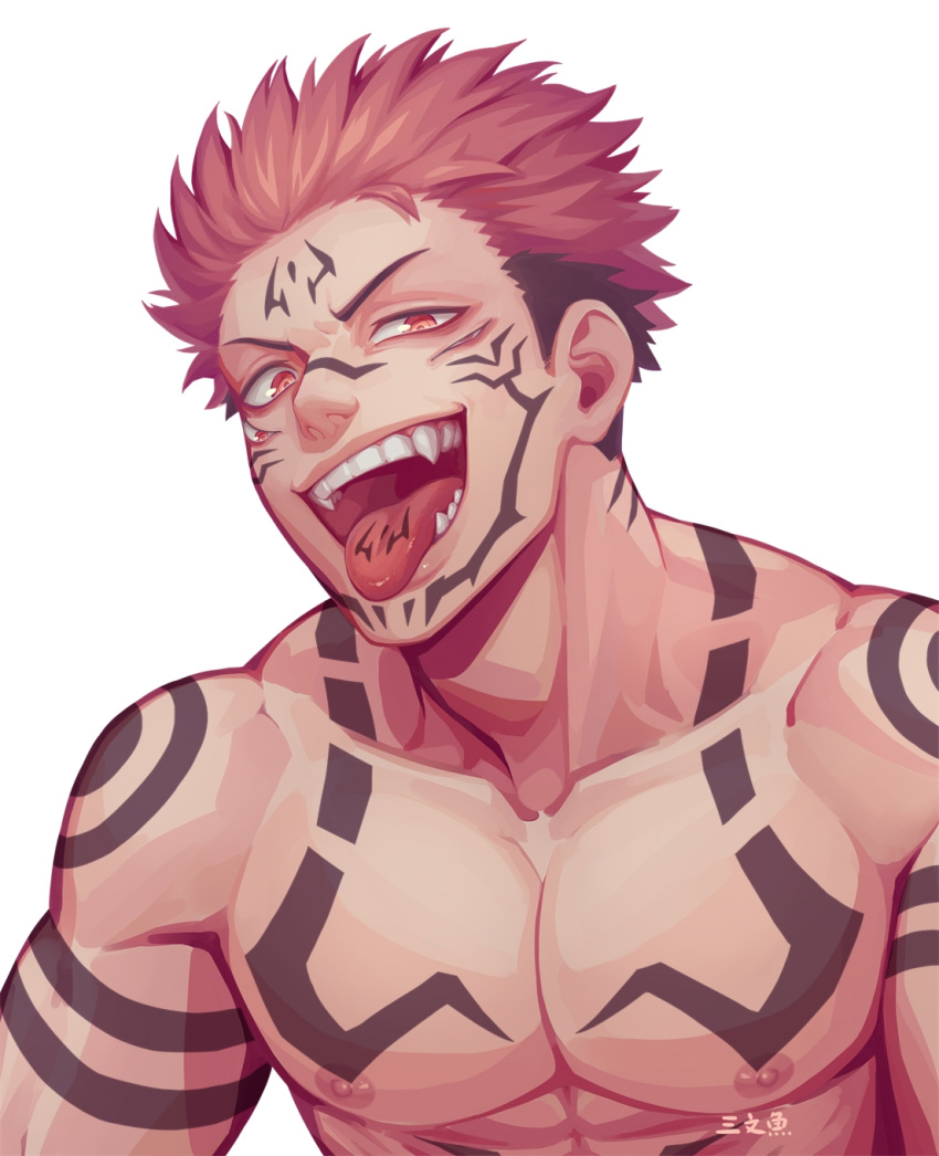 1boy, black_hair, chest_tattoo, completely_nude, facial_mark, fangs, forehead_mark, highres