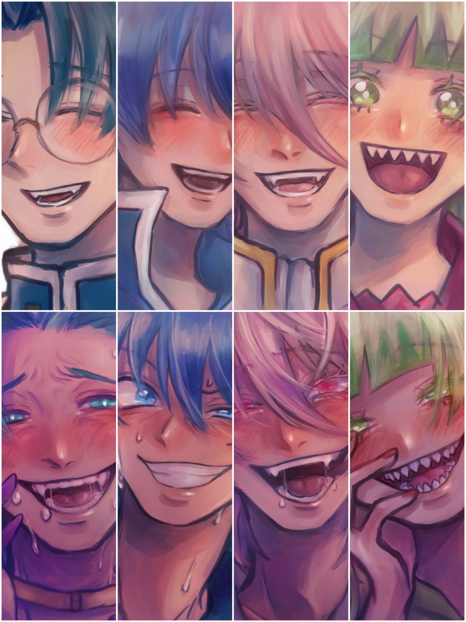 1girl, 3boys, :d, ami_kiriwo, asmodeus_alice, bangs, blue_eyes, blue_hair, blunt_bangs, blush, closed_eyes, drooling, evil_grin, evil_smile, fangs, gesugao, glasses, green_eyes, green_hair, hair_between_eyes, hand_up, highres, looking_at_viewer, mairimashita!_iruma-kun, multiple_boys, multiple_views, open_mouth, parted_bangs, pi_(peechan), pink_hair, popped_collar, red_eyes, sharp_teeth, smile, suzuki_iruma, sweat, teeth, valac_clara, white_neckwear