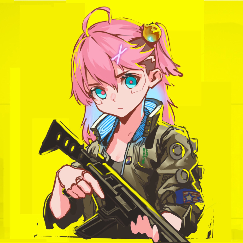 1girl, ahoge, bell, blue_eyes, cosplay, cropped_torso, cyberpunk_2077, gun, hair_behind_ear, hair_bell, hair_between_eyes, hair_ornament, highres, holding, holding_gun, holding_weapon, hololive, jacket, jackie_welles, jackie_welles_(cosplay), pink_hair, rifle, sakura_miko, side_ponytail, sirafuji_masiro, solo, undercut, virtual_youtuber, weapon, yellow_background