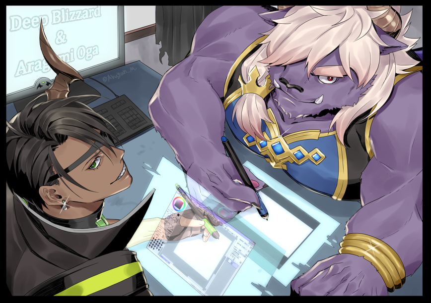 2boys, aragami_ouga, black_hair, character_request, dark_skin, dark_skinned_male, deep_blizzard, eyepatch