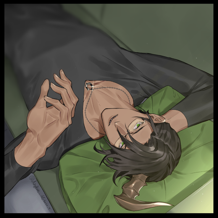 1boy, aragami_ouga, black_hair, dark_skin, dark_skinned_male, glasses, green_eyes, holostars, horns, looking_at_viewer, male_focus, open_mouth, sharp_teeth, short_hair, single_horn, smile, teeth, virtual_youtuber