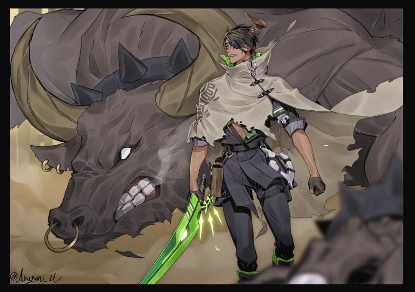 1boy, aragami_ouga, black_hair, bull, cape, dark_skin, dark_skinned_male, eyepatch