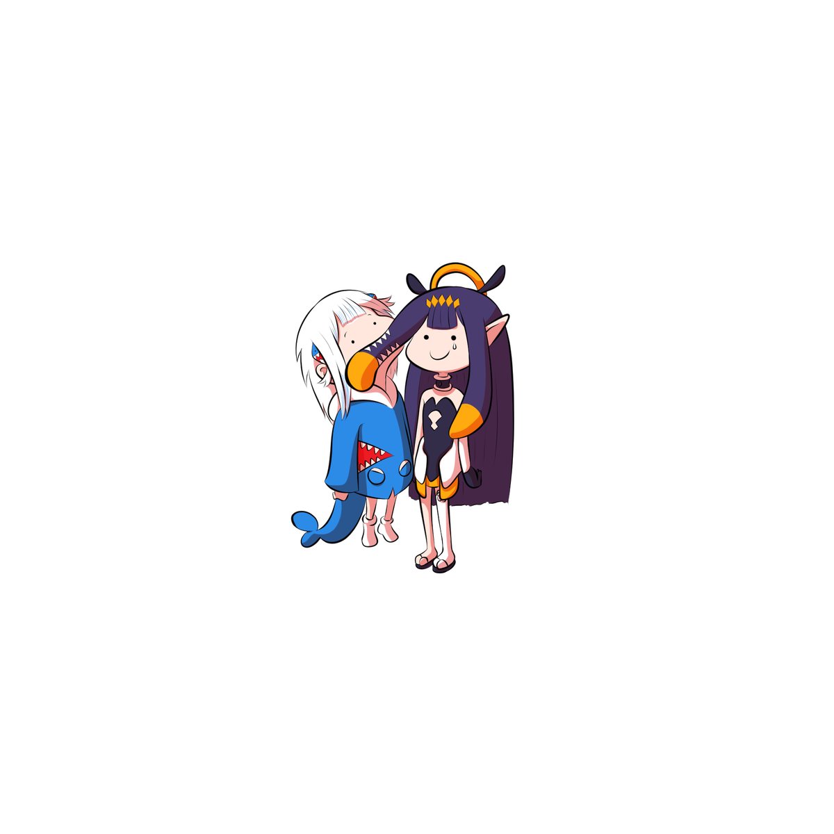 2girls, bangs, biting_hair, black_eyes, black_hair, blue_hair, blunt_bangs, chibi