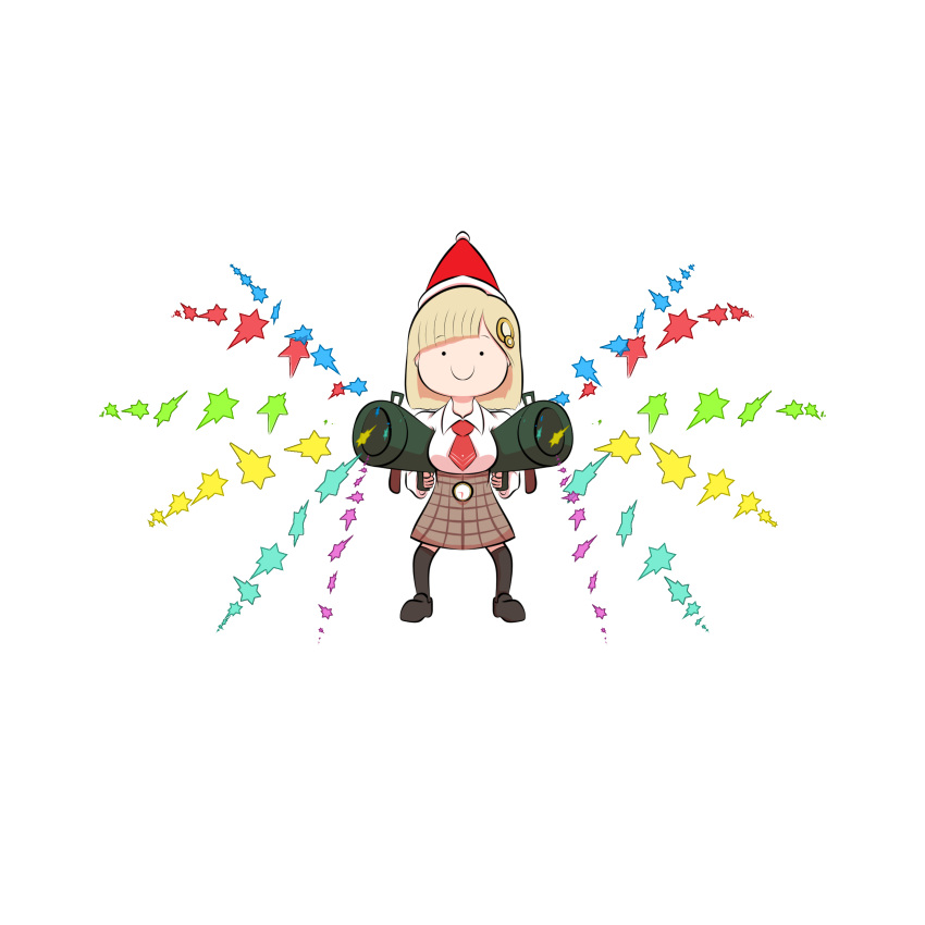 1girl, absurdres, bangs, black_eyes, blonde_hair, chibi, christmas, collared_shirt